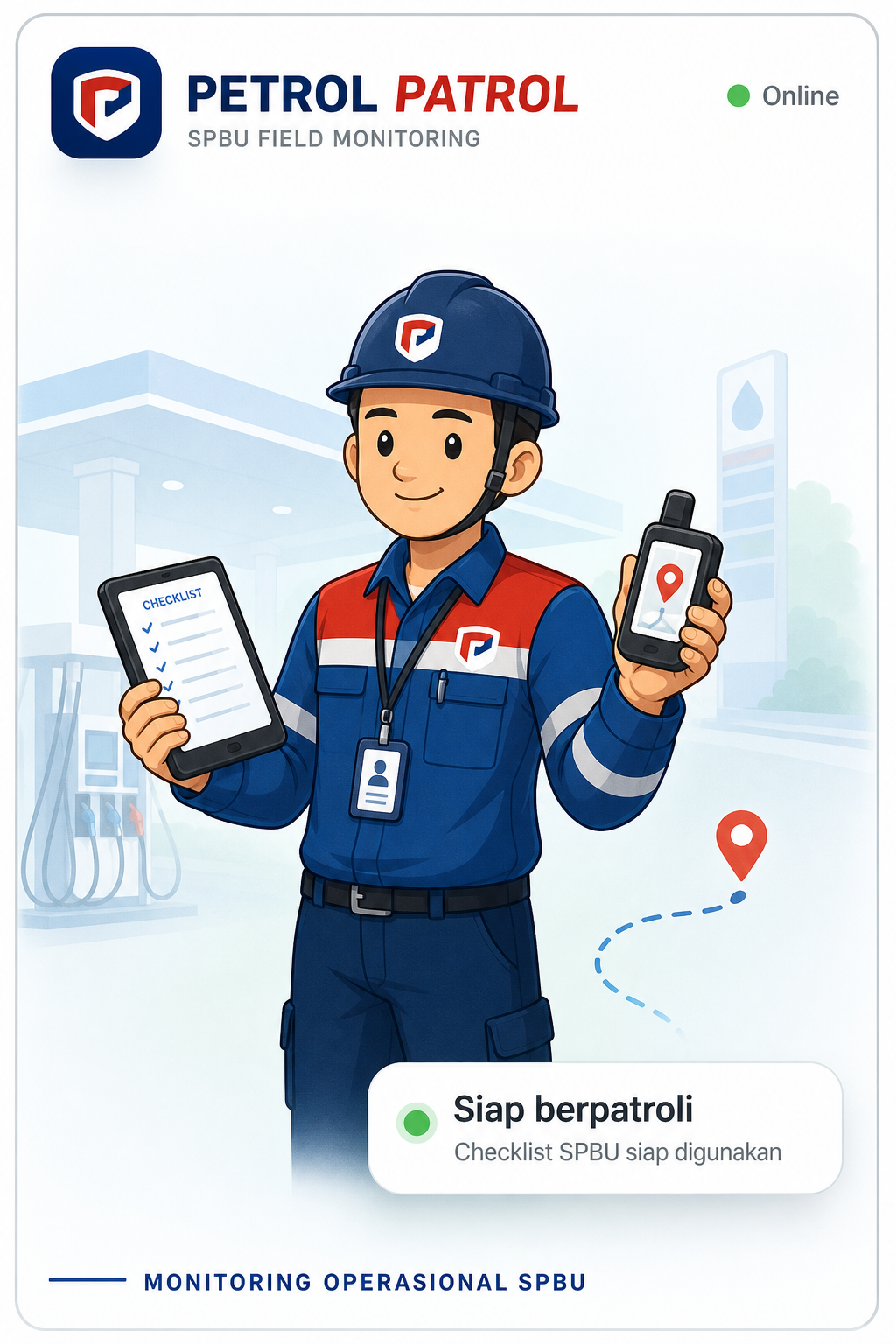 Ilustrasi petugas Petrol Patrol membawa checklist dan perangkat lokasi